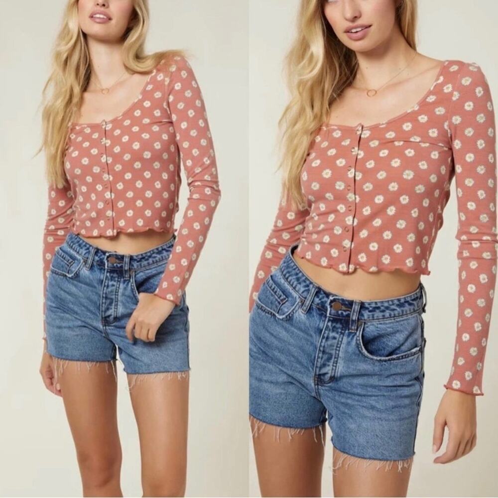 O'Neill Daisy Print Long Sleeve Crop Top with Lettuce Edge in Brown Sz Small
